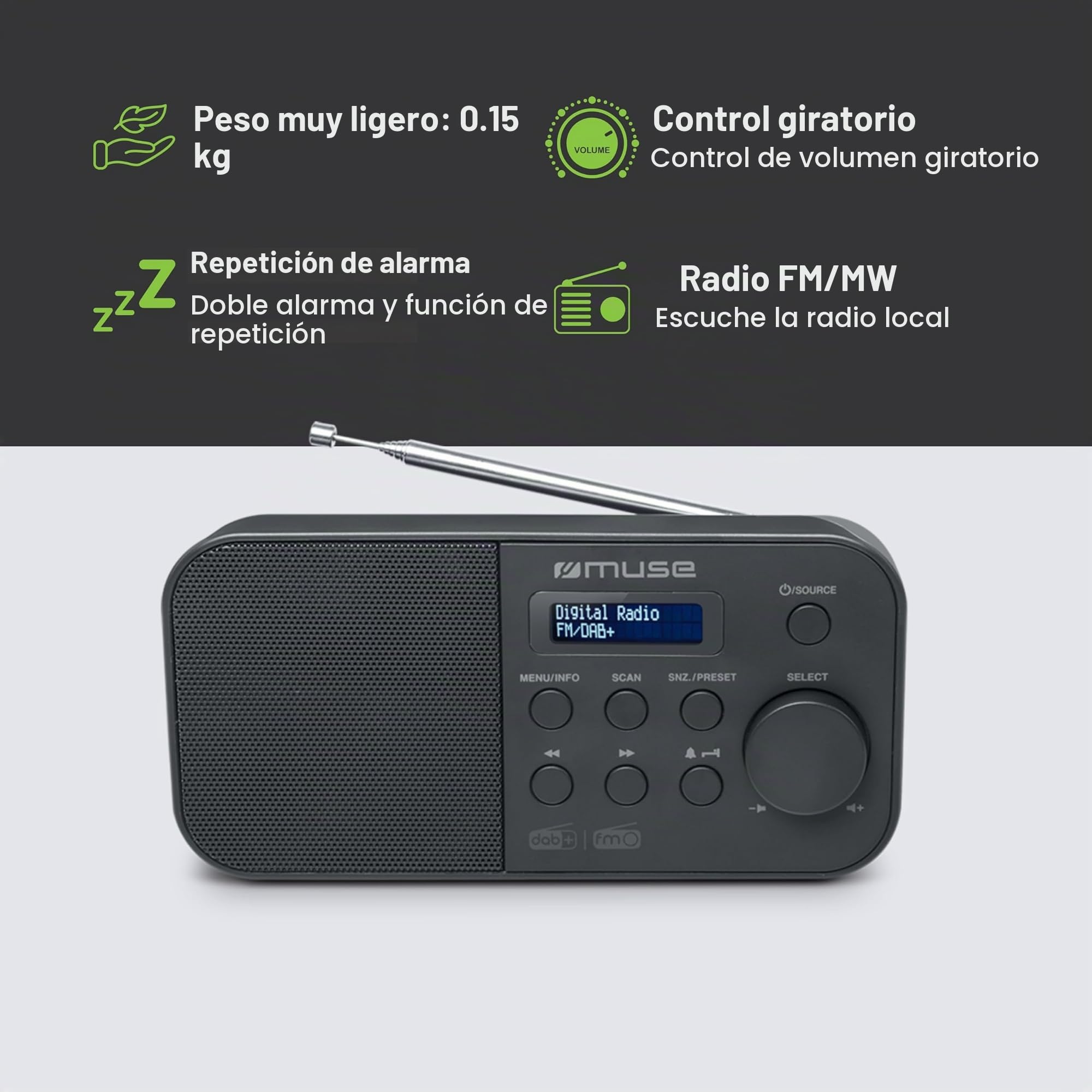 Muse M-109 DB Negro Radio Dab+/FM PORTÁTIL con Altavoz Integrado Y Pantalla