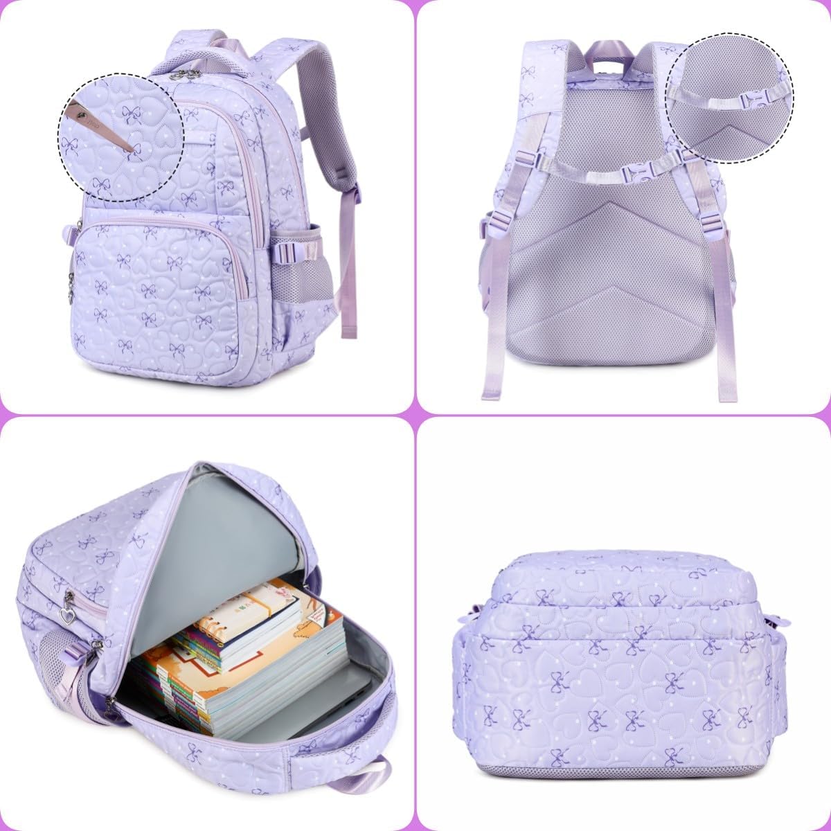 Girls Backpack Set with Bows Heart-shaped Lightweight Schoolbags for Girl Children Spacious Bookbag Waterproof(purple-2) - Image 9