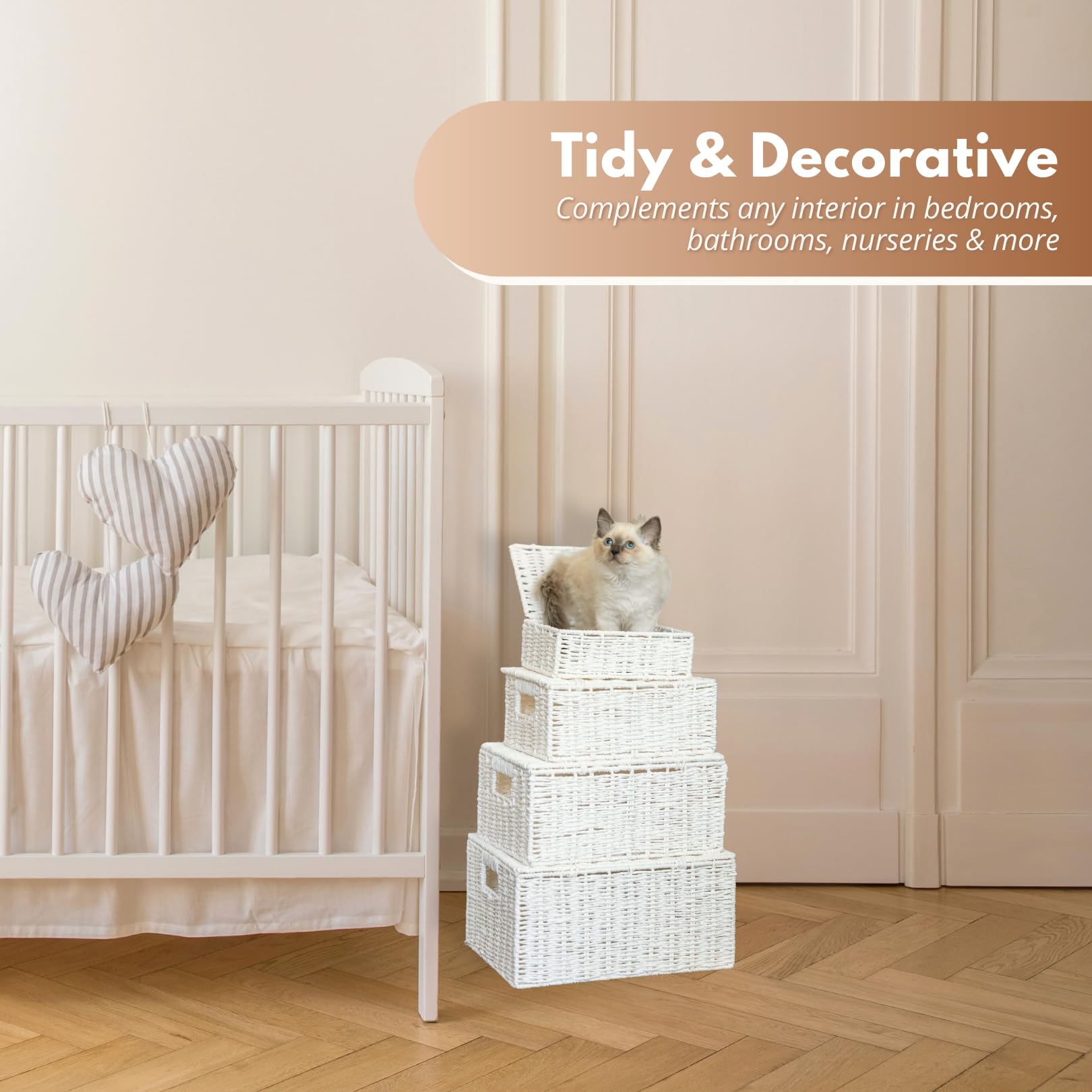 HomeZone, set di 4 cesti di vimini con coperchio e serratura per riporre oggetti per la casa, per arredamento, bagno, camera da letto, cucina, impilabile, tessuto a mano
