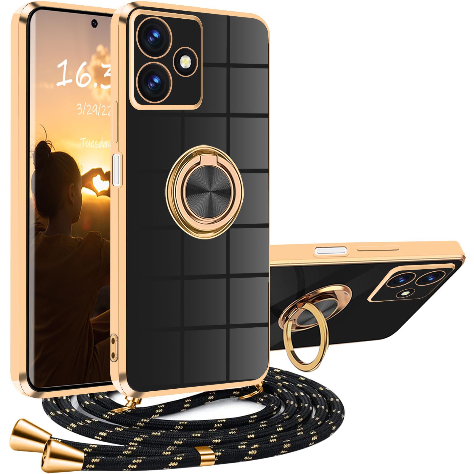 Jrkvniv Cover per iPhone 14 Pro Max con Cordino, Morbido TPU Silicone Case con Laccio Tracolla, Regolabile e Rimovibile, Antiurto AntiGraffio Case per iPhone 14 Pro Max, Nero