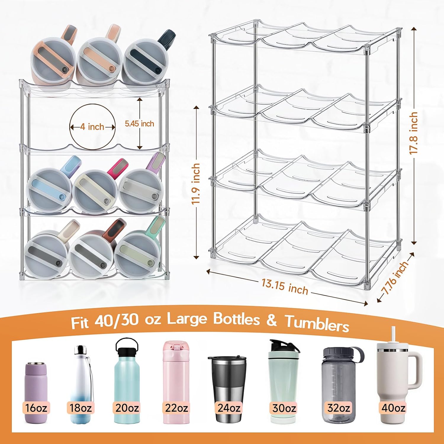 Sbosbo Water Bottle Organizer for Stanley 40 oz Tumbler, Stackable Tumbler Storage, 3 Pack Water Bottle Organizer for Cabinet, Pantry Kitchen Storage & Organization for Stanley Cup - Hold 9 Bottles