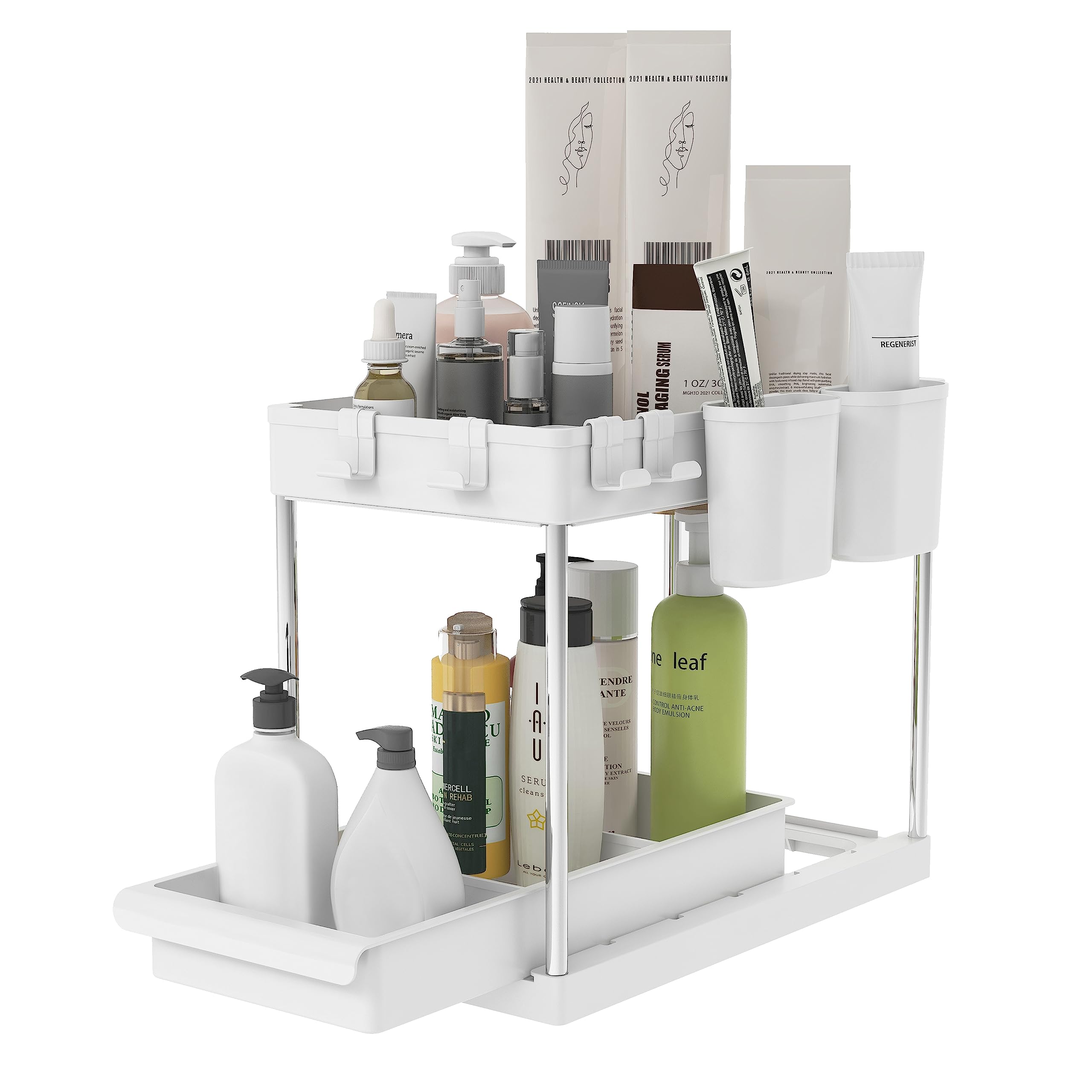 Mondeer Portaoggetti Sotto il Lavello Meerveil, Multifunzionale, a 2 Livelli, con 4 Ganci e 2 Tazze per Appendere, Per Ufficio, Cucina,Bagno, L22 x P40.7 x H32.5cm, Bianco
