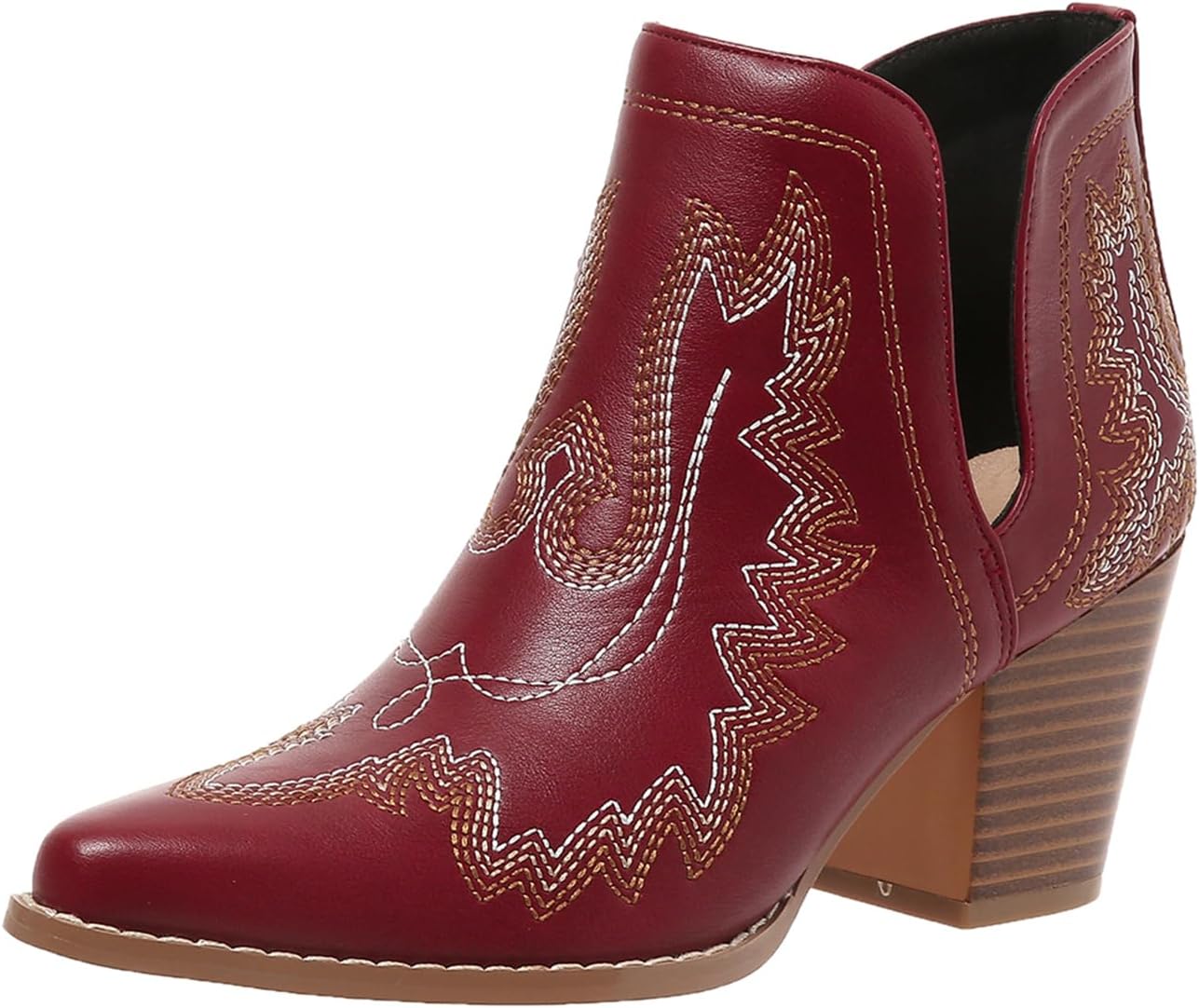 SelRoys Cowboy Boots for Women Cowgirl Ankle Western Embroidered Stitched Pointed Toe Cutout Chunky Heels Short Booties Red Brown Black US5-11