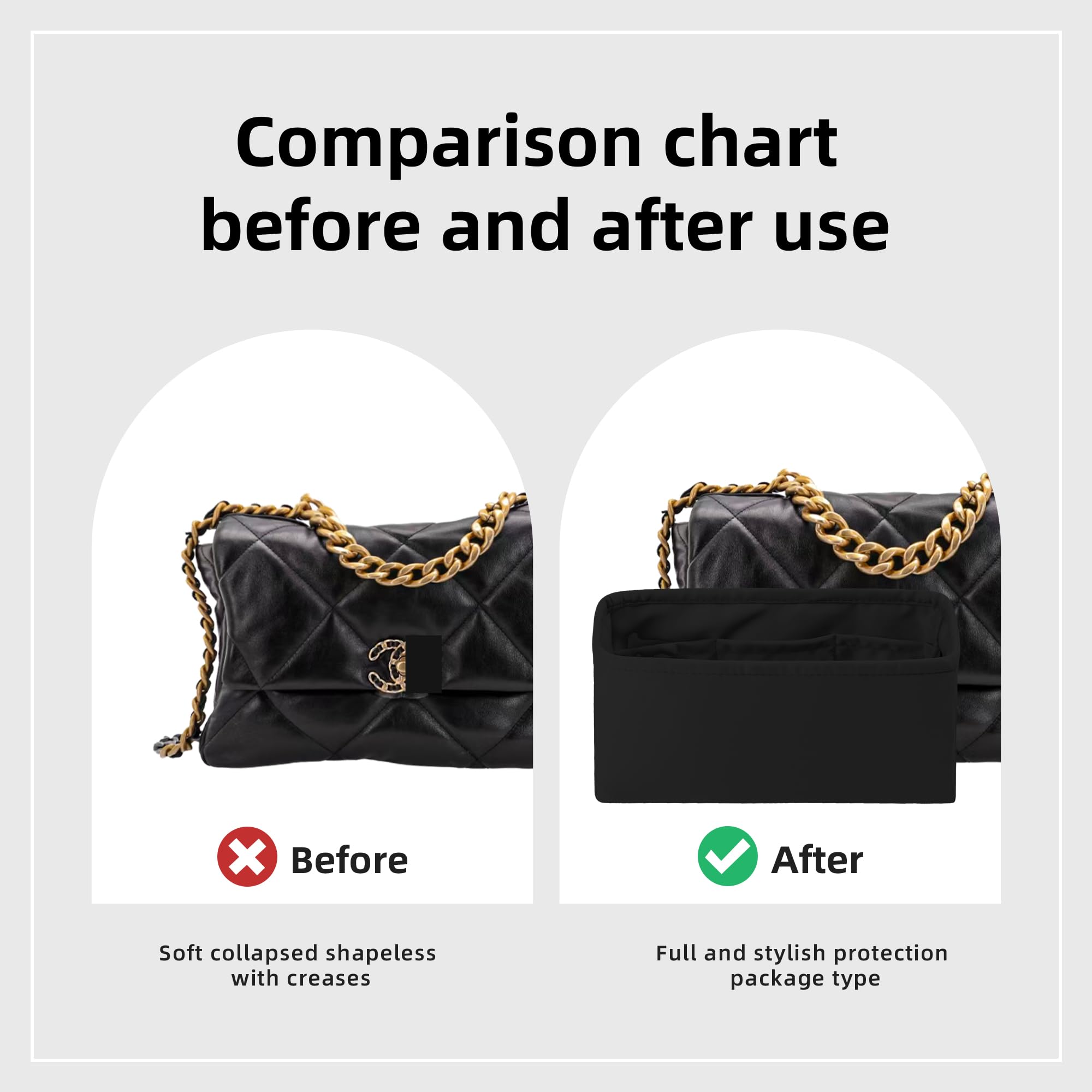 DGAZ Organizador de bolsos, organizador de bolsas de seda, bolso de lujo y moldeador de asas para Chanel 19 bolsas (negro, 19-Jumbo30)