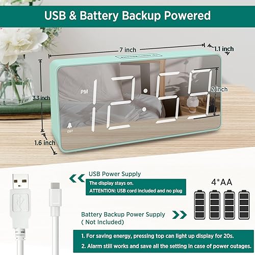 Miniatura 2 de Peakeep Reloj digital, reloj despertador alimentado por batería para dormitorios, esfera de espejo, números grandes, 6 atenuadores para personas