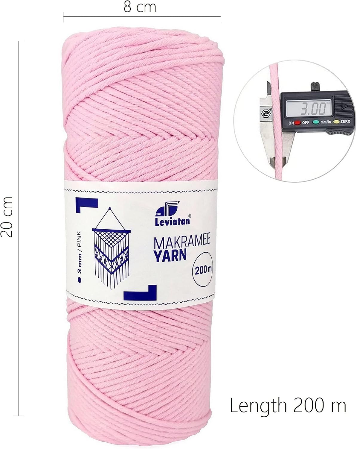 LEVIATAN 110943 Natural Yarn 200 m Super Soft Cord Single Twist 100% Macrame Cotton Thread Rope for Crafts, Wedding and Christmas Decorations Pink, 3 mm x 200 m
