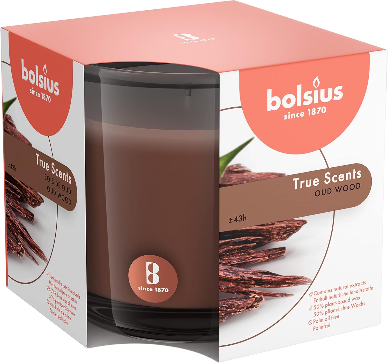 Bolsius Large Glass Scented Candle Oud Wood, Wax, Brown 101925240470