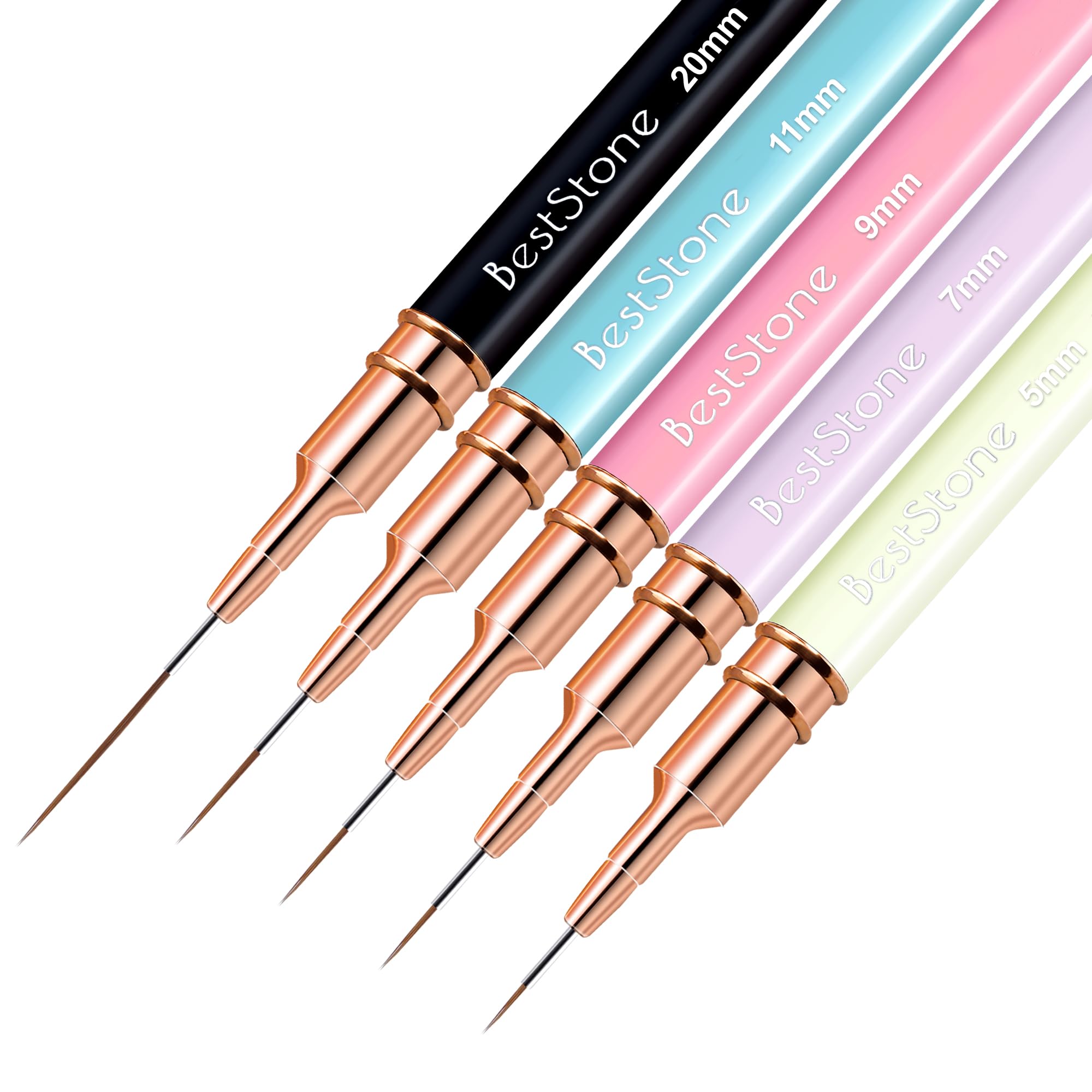 Nail Art Liner Brushes, 5Pcs Professional Gel Polish Painting Art Design Pen Set for Long Lines, Thin Details, Fine Drawing Sizes 5/7/9/11/20mm Nail Art Design Gift for Women(Multicolor)