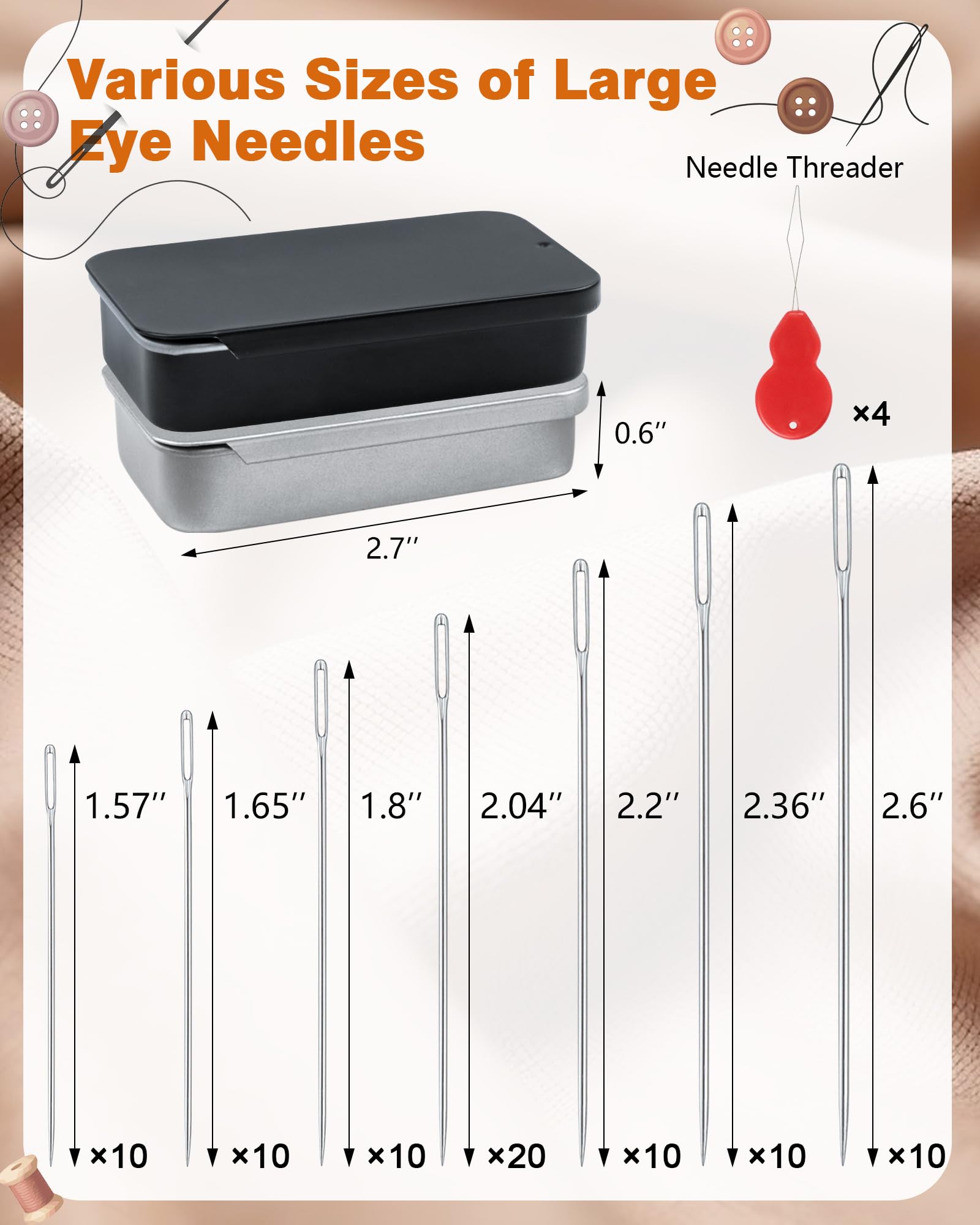 80 agujas de coser de ojos grandes, dos agujas afiladas FIVEIZERO de 7 tamaños, aguja de cuero para bordar, agujas de tejer de hilo de acero inoxidable con enhebradores para coser a mano y