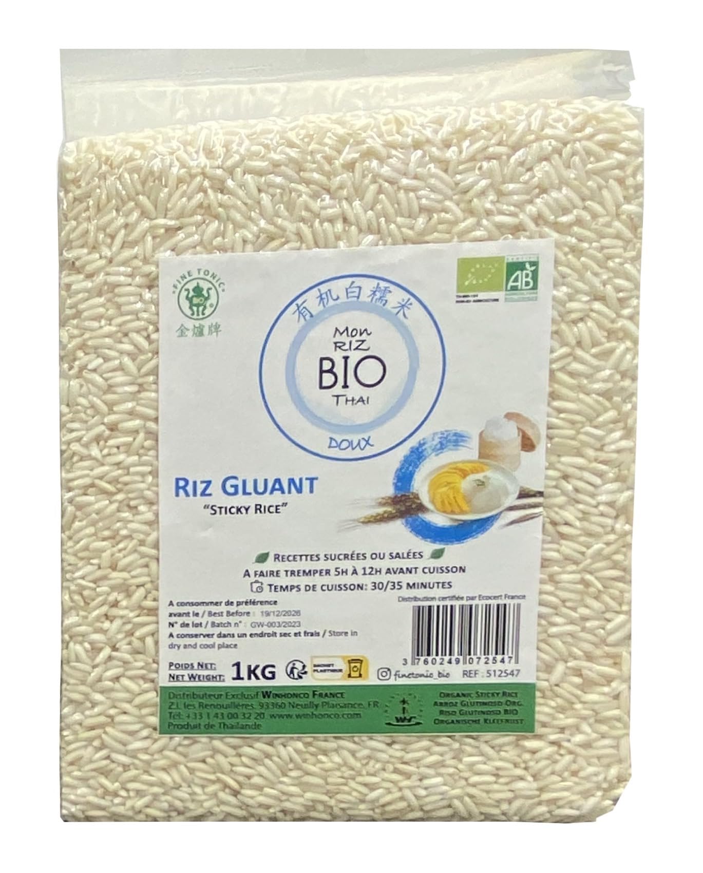 Riz Thai Gluant BIO et Noir BIO 1kg/Sachet - Offres de 1 et 2kg/Sachets - Livraison Gratuite France (1 sachet, Riz thai gluant)