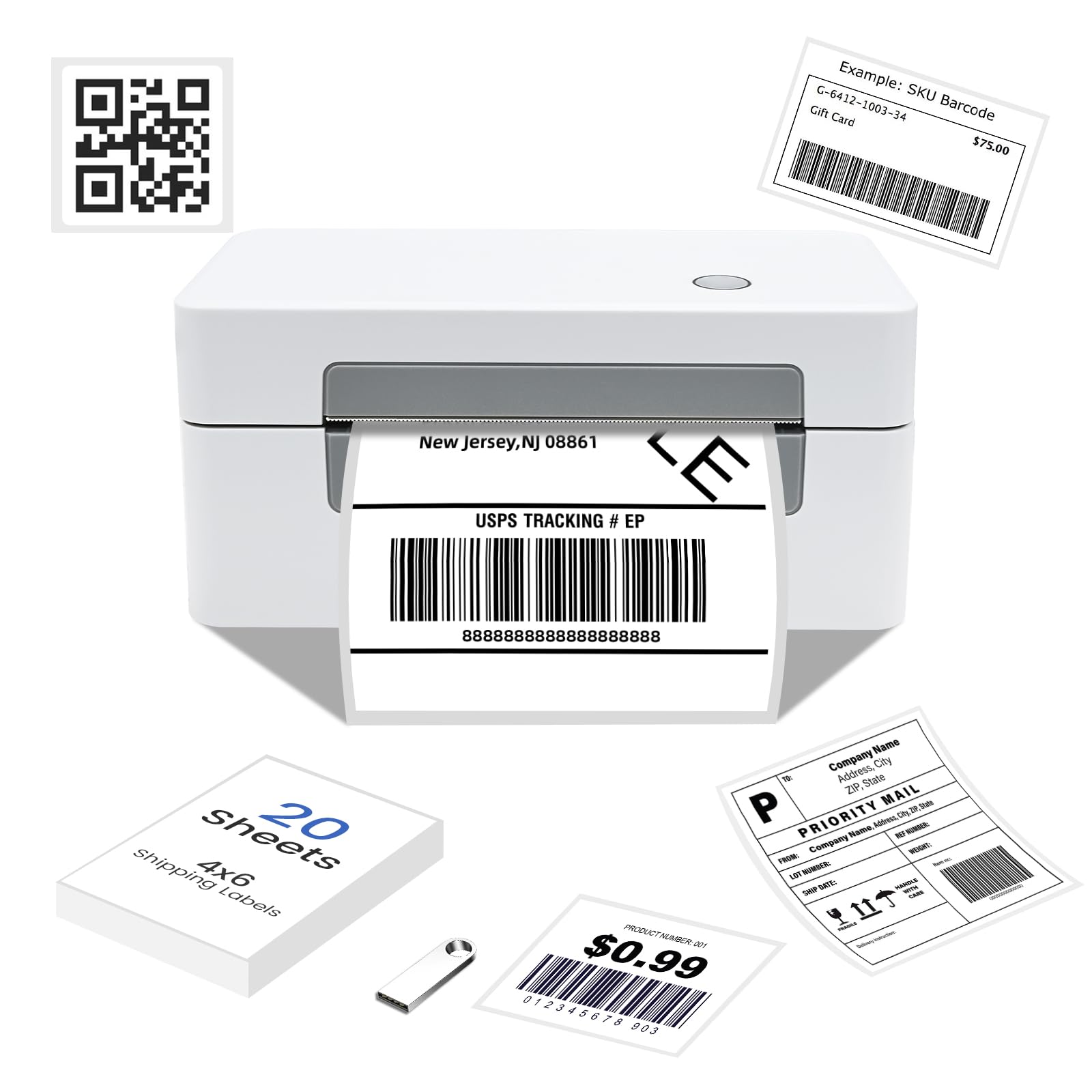 Diagram showing connectivity options for the BORN4SHIP D467 printer, including Bluetooth for iOS, Android, Tablet, and Chrome, and USB for MacOS, Windows, Linux, and Chrome. A computer screen displays a print preview, and a hand holds a mobile device connected via Bluetooth.