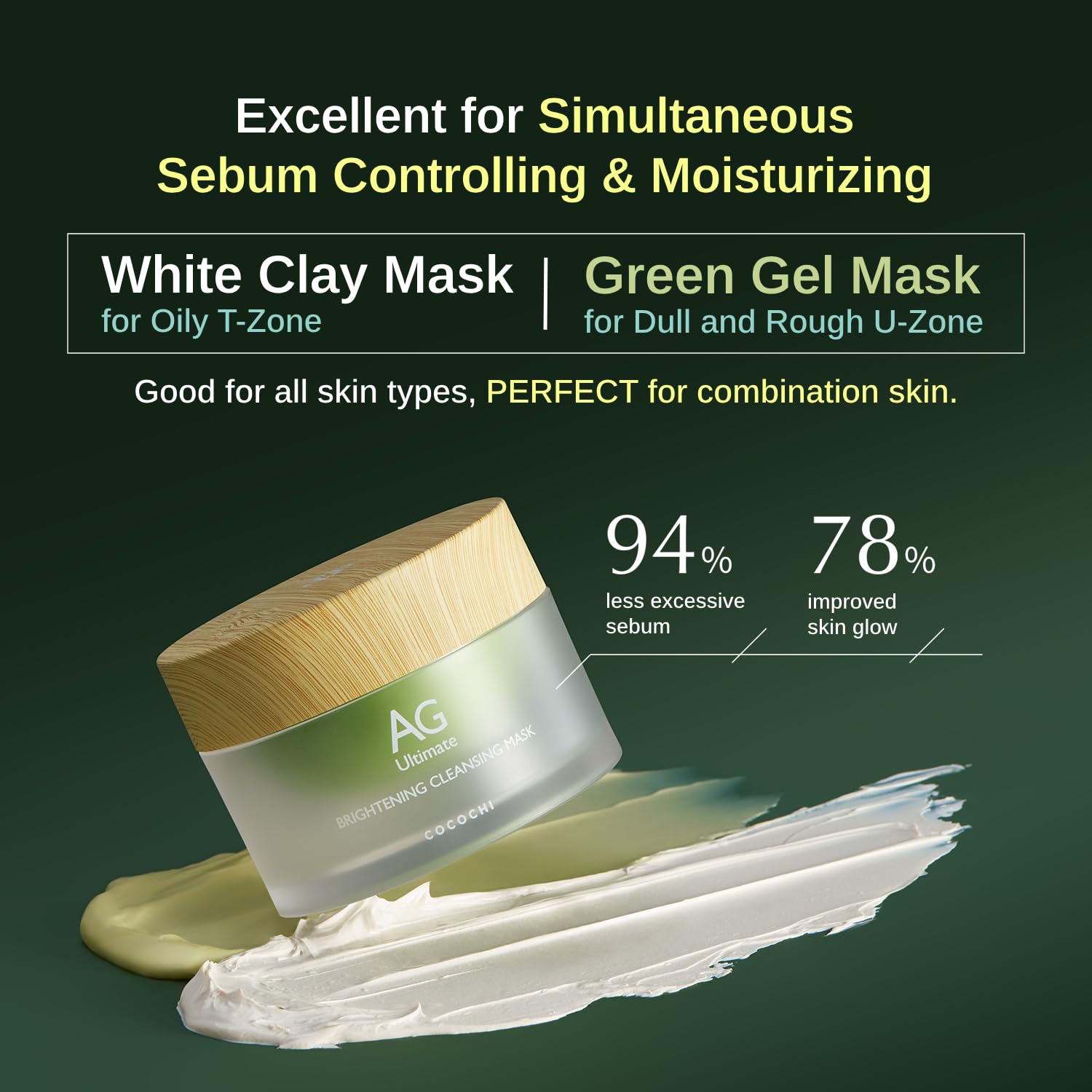 ココチコスメ COCOCHI AG Ultimate 2in1 Clay and Gel Cream Mask, Clay Mask for Face, Rejuvenating Green Tea Mask, Japanese Hydrating Face Mask Skincare with Swappable Container