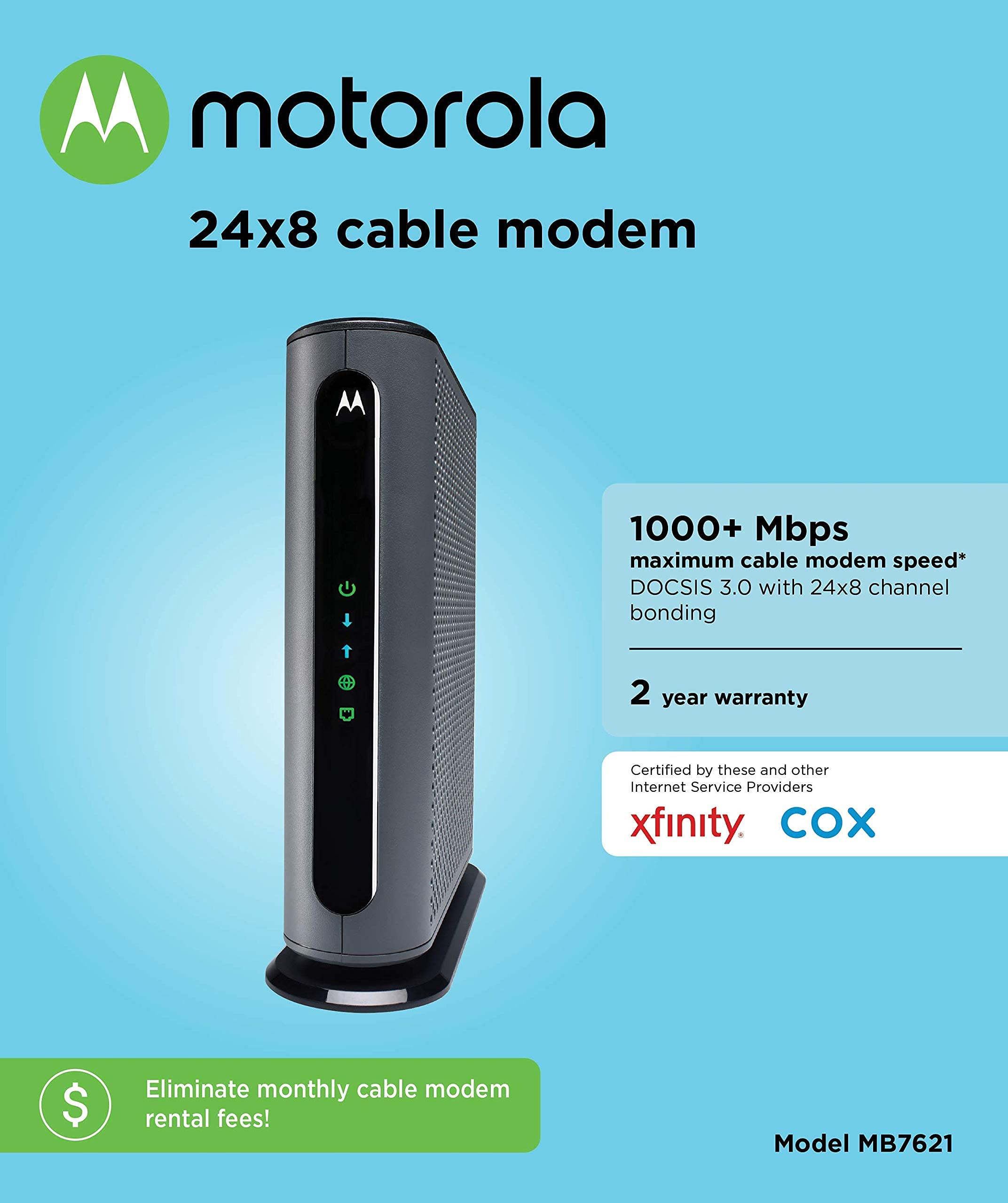 Motorola MB7621 Cable Modem Pairs with Any WiFi Router Approved by