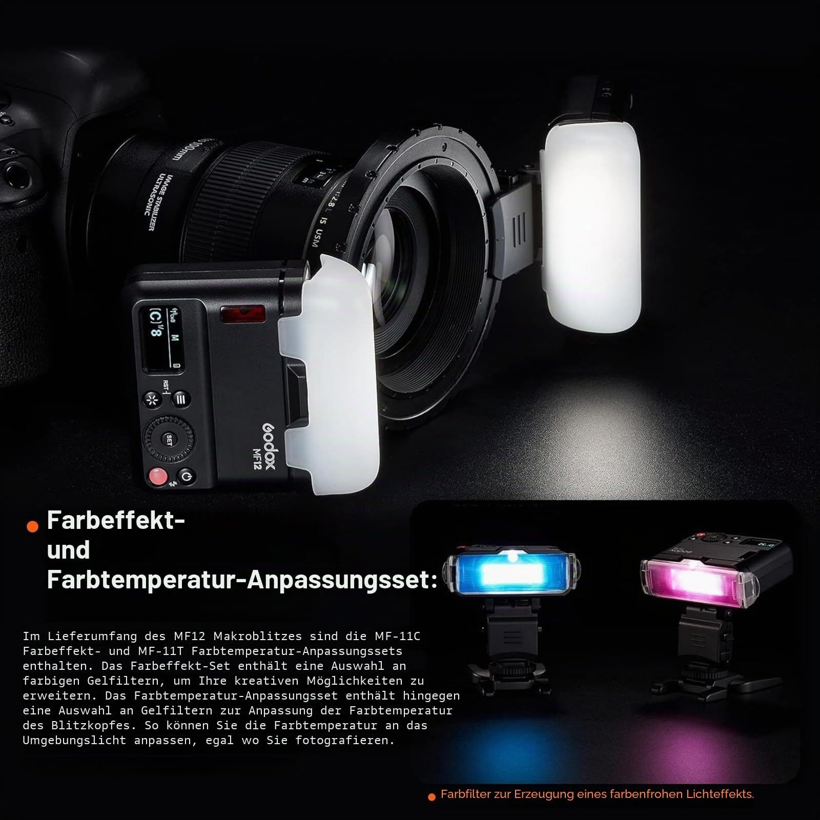 Godox MF12 Kit2 Makroblitz TTL 2,4GHz Funk-Ringblitz mit integrierter Batterie, 500 Blitze bei voller Leistung, Leistung 1/128–1/1, kompatibel mit Canon Sony Nikon Fujifilm Olympus Panasonic