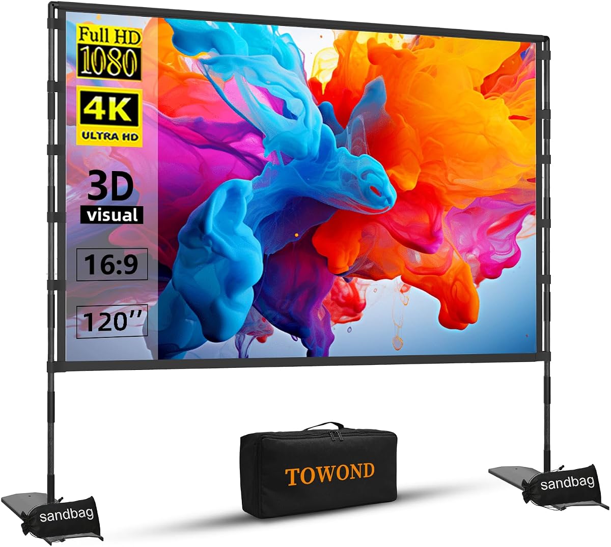 Projector Screen and Stand 120 inch Outdoor Projector Screen | Portable Movie Screen, 16:9 4K Front Rear Projection Screen, with Carry Bag, Wrinkle-Free Design, for Home Backyard Theater