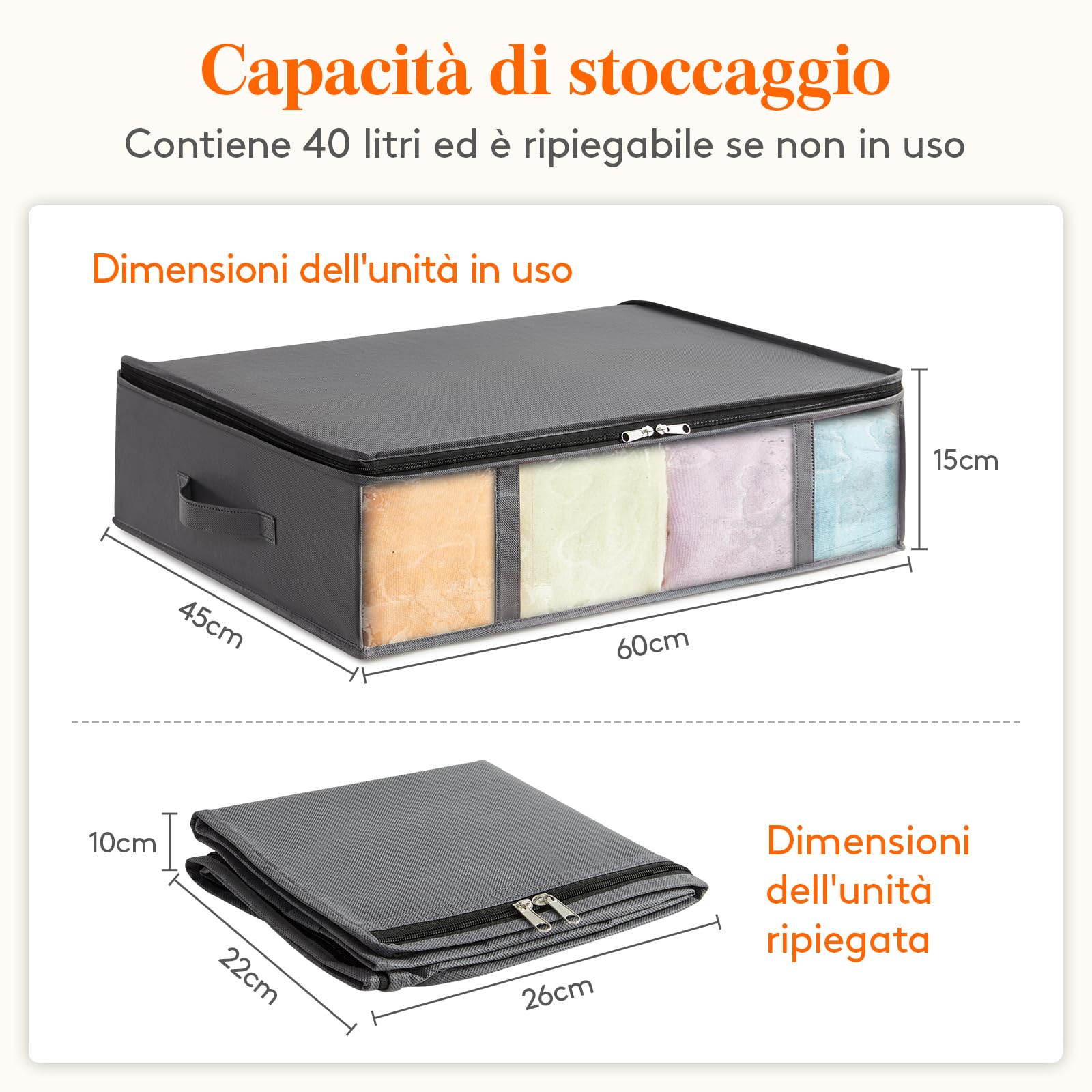 Lifewit 40L Contenitori Sottoletto Confezione da 4, Scatole Pieghevoli Portavestiti con Finestra Frontale Trasparente, Organizer per Armadi e Contenitori per Asciugamani, Vestiti, Coperte, Grigio