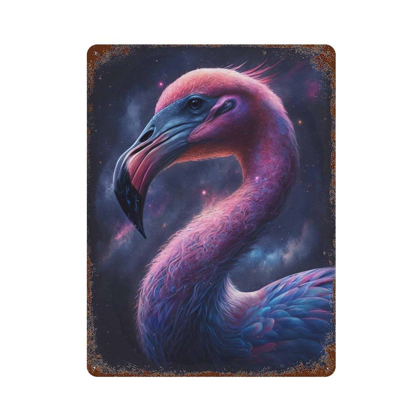 Aged Metal Wall Plaque with Cosmic Flamingo Art Print-1 Design 15.7"x11.8", for Shed, Workshop And Garage Wall Decor, Decorative Metal Wall Art