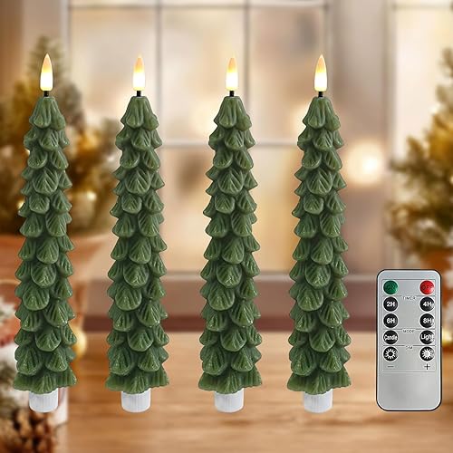 Miniatura 19 de Velas sin llama parpadeantes de árboles de Navidad de color verde oscuro con control remoto y temporizador, velas LED de cera real con mecha
