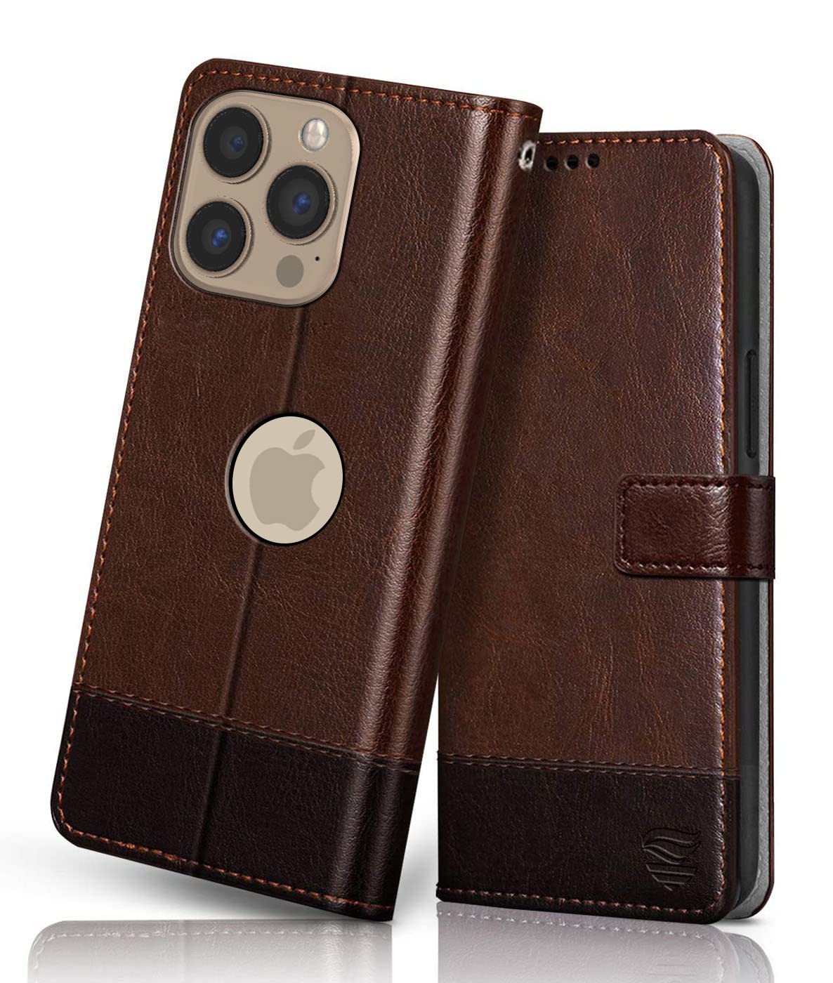 FLIPPED Vegan Leather Flip Case Back Cover Compatible with Apple iPhone 13 Pro (Flexible, Shock Proof | Hand Stitched Leather Finish | Card Pockets Wallet & Stand | Brown with Coffee)