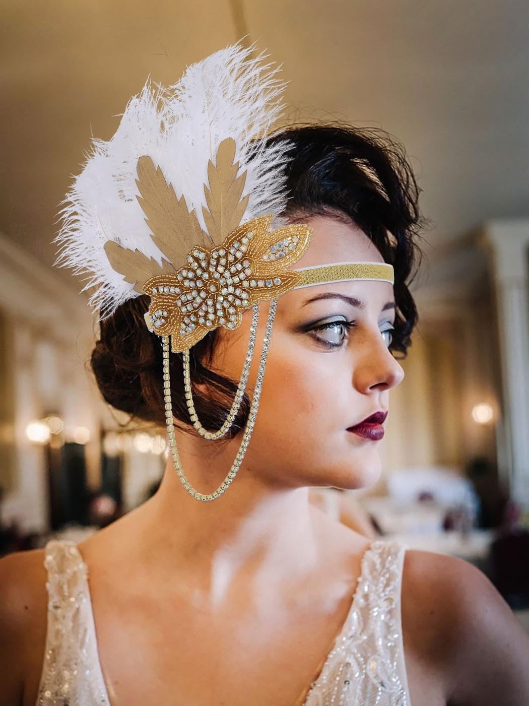 IYOU 1920 Flapper Headpiece Gold Feather Gatsby Headband Vintage Rhinestone Prom Costume Wedding Hair Accessories for Women - Image 2