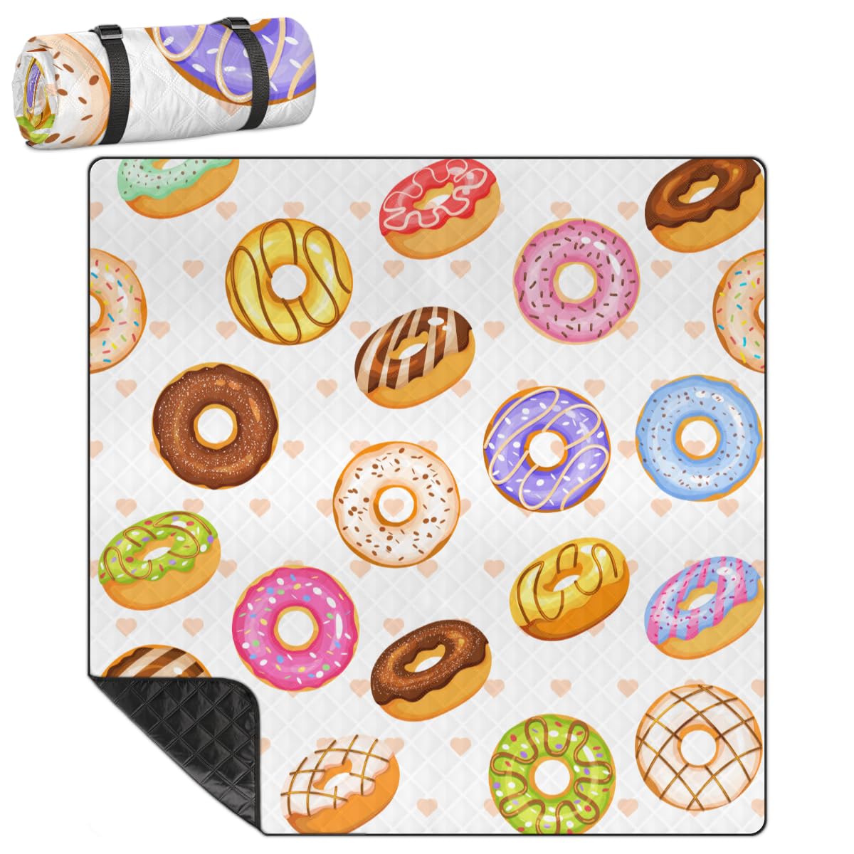 Shimoshe Extra Large Picnic Blankets 79”x 79”, Heart Donut Waterproof Foldable Picnic Mat with Straps Portable Beach Blanket for Camping Park Grass Beach Indoor