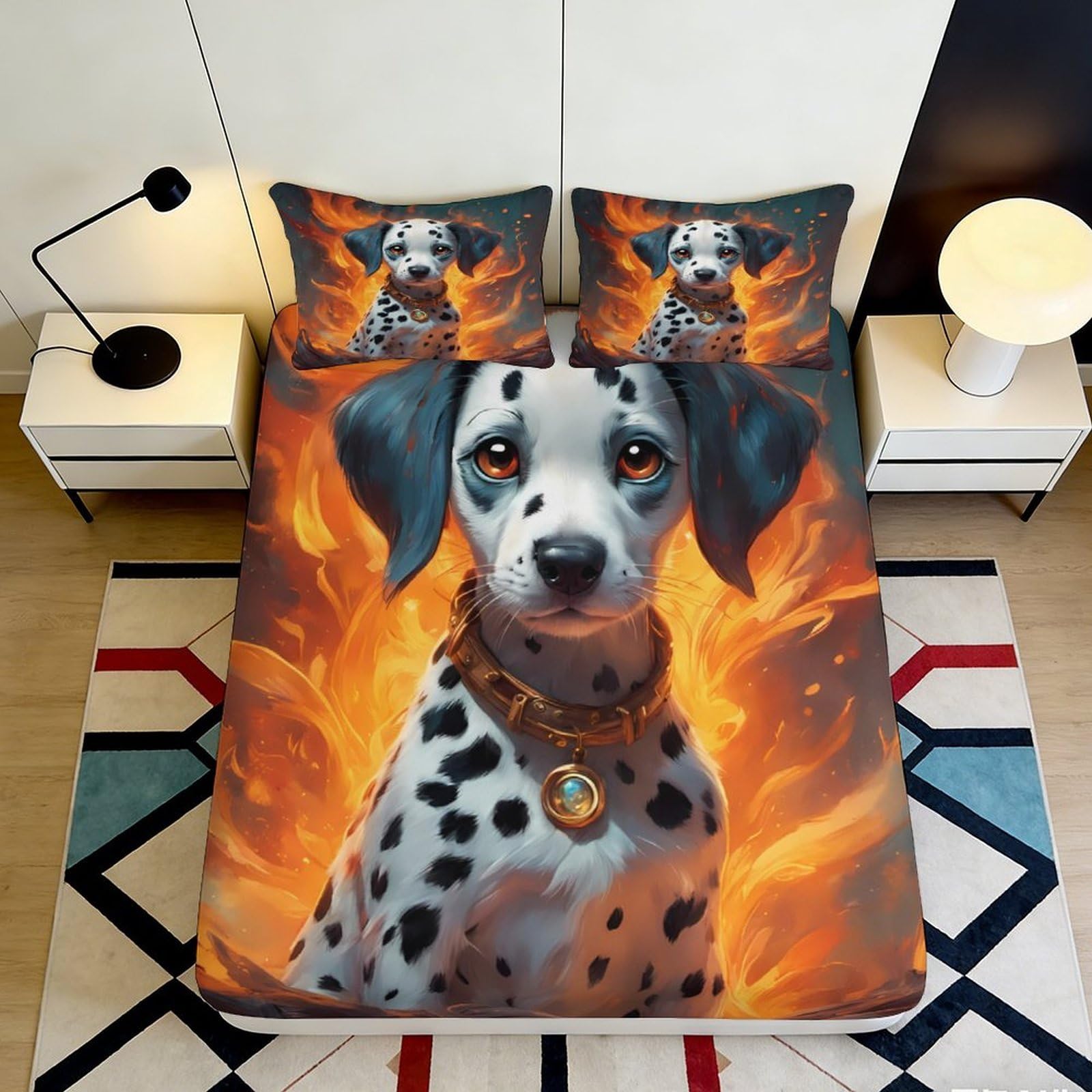 Dhbaneiok Style-5 3D Printed Dalmatian Fire Fitted Sheet Microfiber Soft Decorative Dog Bed Sheet For Bedroom Guest Room Dorm Decor 90X200x25cm