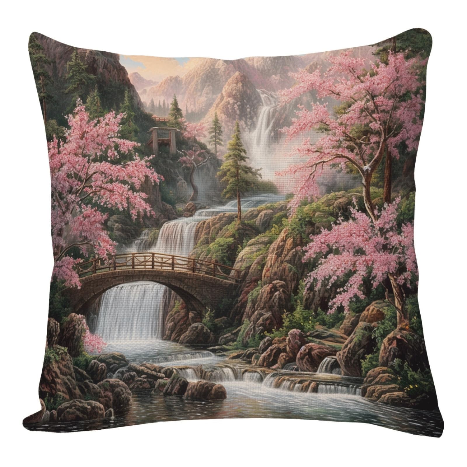 cushion covers 40cm x 40cm Pink Green Tree Decorative Linen Pillow Cases Home Decor Square Sofa Cushions 16x16 Inches,for Livingroom Bedroom Invisible Zipper