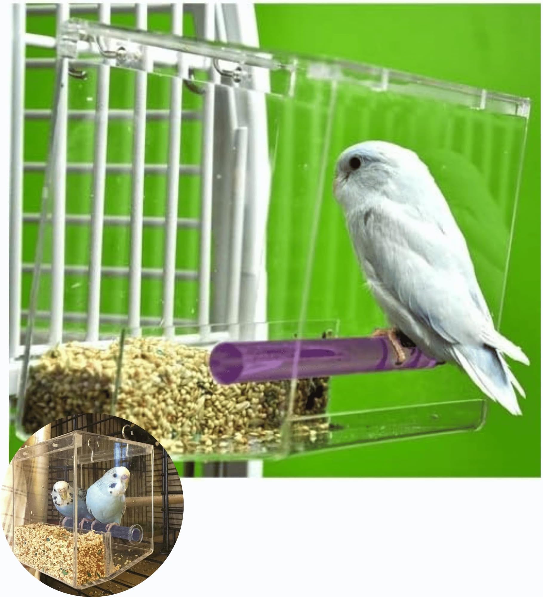 Small Tweeky Clean Bird Seed Feeder, Durable Clear Plastic Design with Non-Slip Perch, Easy Mount for Inside or Outside Cage, Ideal for Small Birds