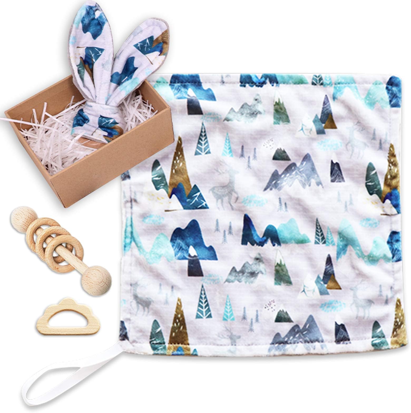 4pcs Wooden Baby Rattle Toys, Adventure Mountain Minky Security Blanket and Cloud Teether, Bunny Ear Teething Ring, Montessori Toys for Toddlers, Lovey Shower Gift for Boys Girls, 0-36month