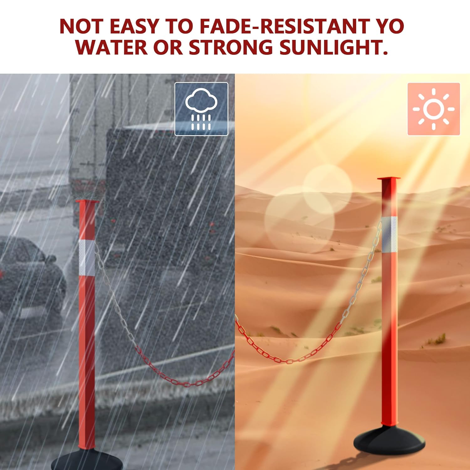 2 Pack Traffic Delineator Post Cones with Weighted Base, Adjustable Orange Safety Cones with Reflective Collars & Plastic Chains, Construction Parking Barrier Cones for Driving Practice Driveway Road
