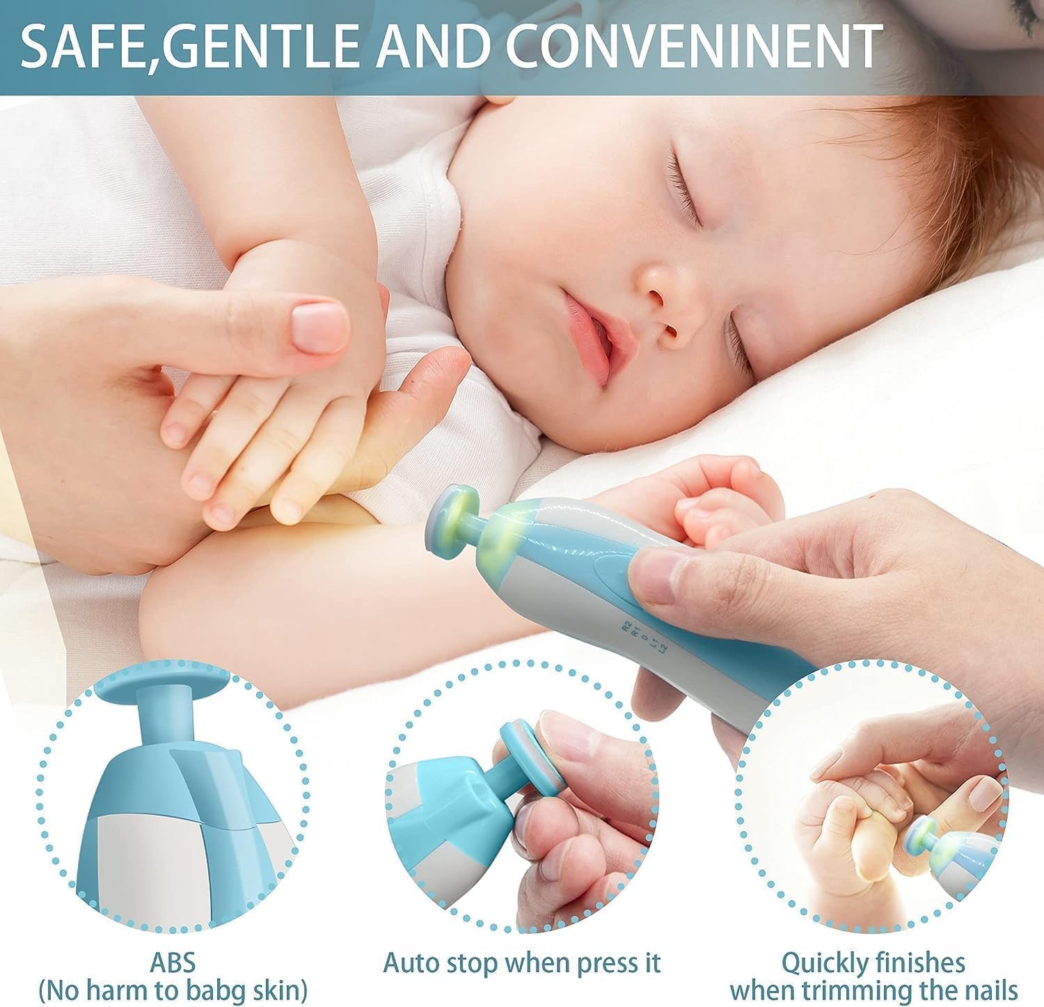 PURE NEST Baby Nail Trimmer – Safe & Gentle Electric Nail File for Newborns & Toddlers, Quiet & LED Light, 6 Grinding Heads, Easy to Use, Baby Manicure Set for Infant & Kids 3