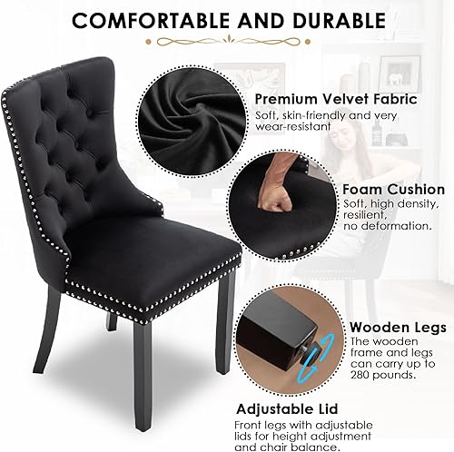 Miniatura 129 de Kiztir Juego de 2 sillas de comedor de terciopelo, sillas de comedor tapizadas con ribete de anillo y respaldo con botón, silla de comedor copetuda