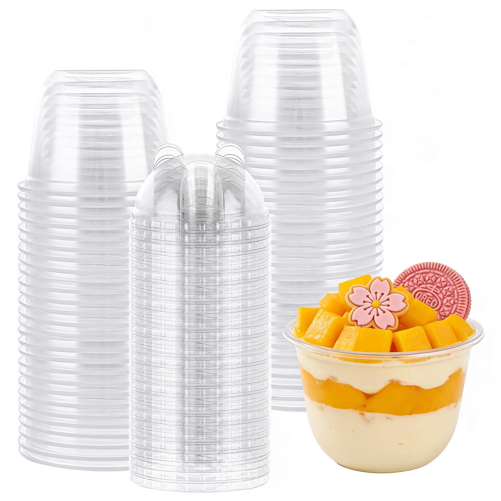 AHAQU 100PCS Dessert Cups with Lids, 360ml/12.6oz Reusable Parfait Cups, Clear Plastic Cups with Dome Lids (No Hole) for Fruit, Ice Cream, Candy, Cold Drinks