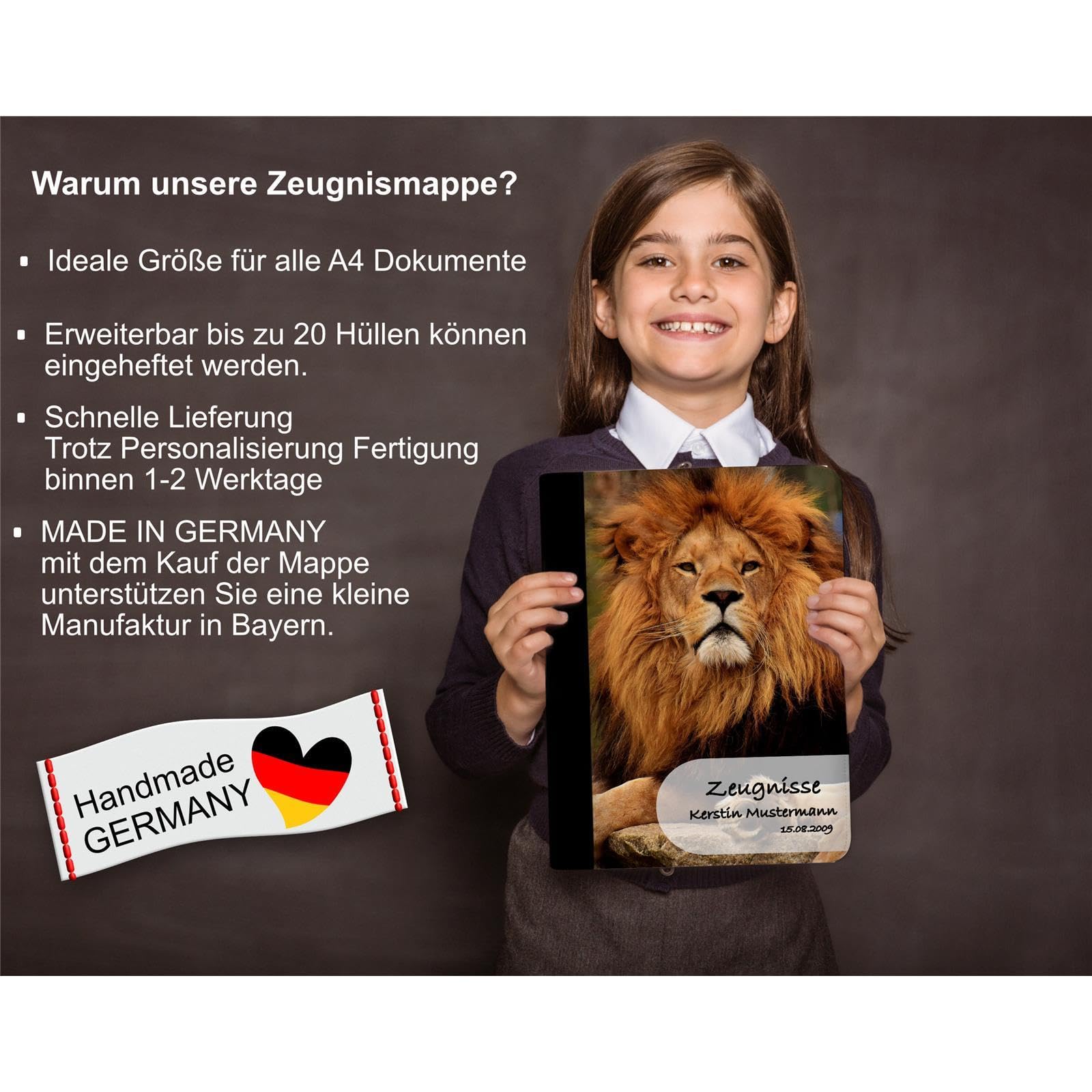 Zeugnismappe A4 mit Namen personalisiert für Kinder – Löwe – Dokumentenmappe Schule ohne Klarsichthüllen