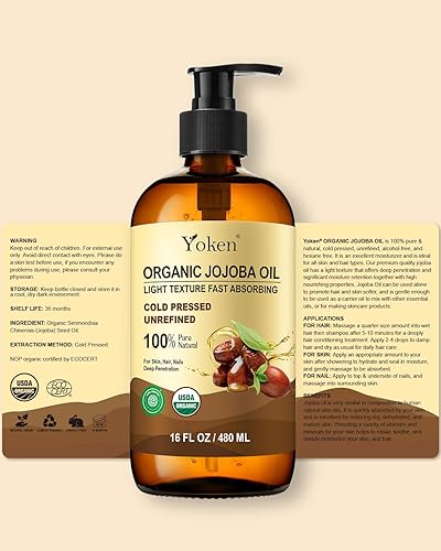 Miniatura 7 de Botella de vidrio de aceite de jojoba orgánico de 16 onzas líquidas, certificado por USDA, aceite de jojoba 100 puro y natural para cabello, piel y
