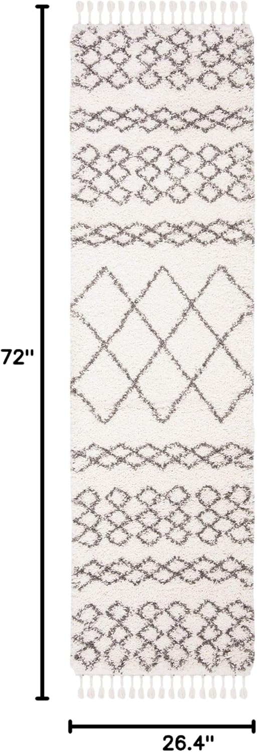 SAFAVIEH Moroccan Fringe Shag Collection Runner Rug - 2'2" x 6', Ivory & Grey, Boho Tribal Design, Non-Shedding & Easy Care, 2-inch Thick Ideal for High Traffic Areas in Living Room, Bedroom (MFG343A)