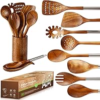 Vista 10 de Cucharón de madera de 3 tamaños, cucharas de madera para cocinar, cucharón de madera para sopa, teca natural, cuchara de madera antiadherente
