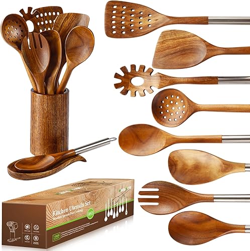 Juego de 10 cucharas de madera para cocinar, cucharas y espátulas con mango de acero inoxidable, juego de utensilios de madera de teca con soporte y