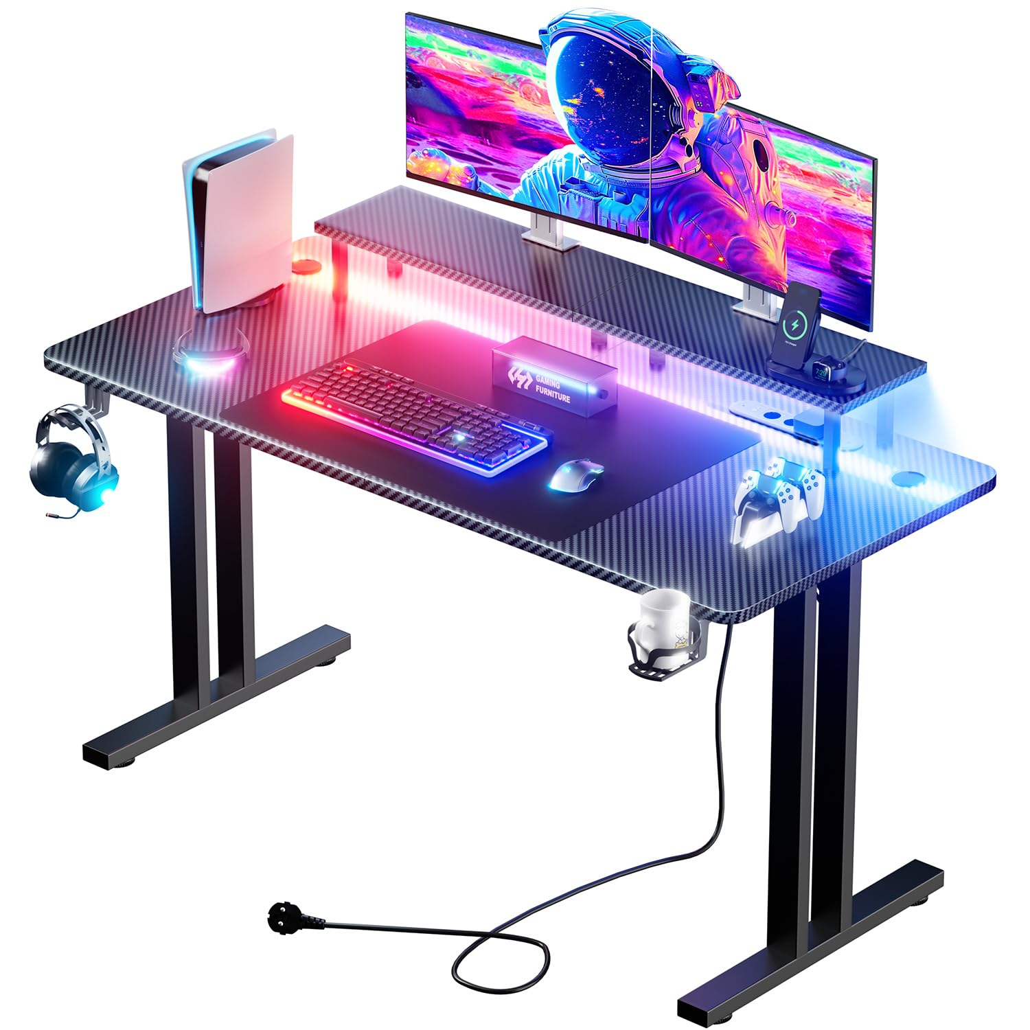 HEEYUE Gaming Schreibtisch 119 Cm Mit Stecktafel, Holzschublade, CPU-Ständer & Getränkehalter