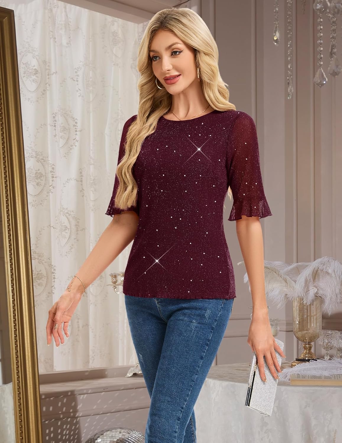 HomRain Womens Ruffle 3/4 Sleeve Sparkle Top Blouses Casual Shirts Crew Neck Glitter Night Out Tops for Elegant Evening - Image 2