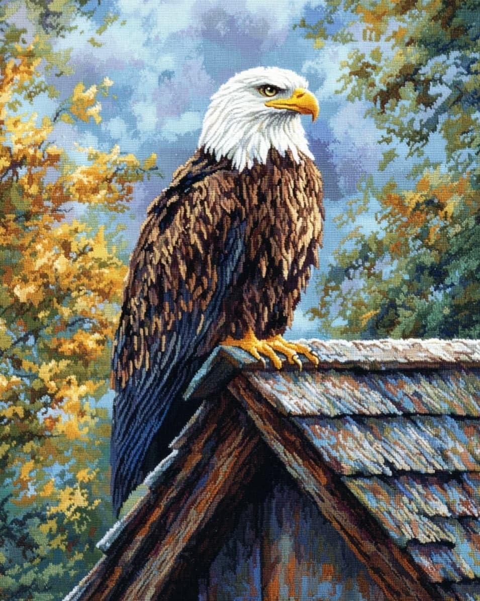 WallustrioaW Cross Stitch Stamped Kits,White-Headed Sculptures on the Eaves,Pre-Printed Cross-Stitching Starter Pattern for Beginners Adults,11CT Embroidery Needlepoint Kits,40x50cm