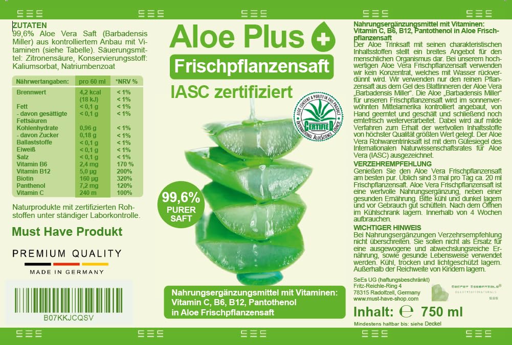 Aloe Vera, PURER SAFT 99.6% | IASC zertifiziert, 750ml | mit Vitamin C, B5,  B6, Biotin, B12 | Nahrungsergnzung, Premium Qualitt | in einer  GLASFLASCHE (nicht Plastikflasche) : Amazon.de: Drogerie & Krperpflege