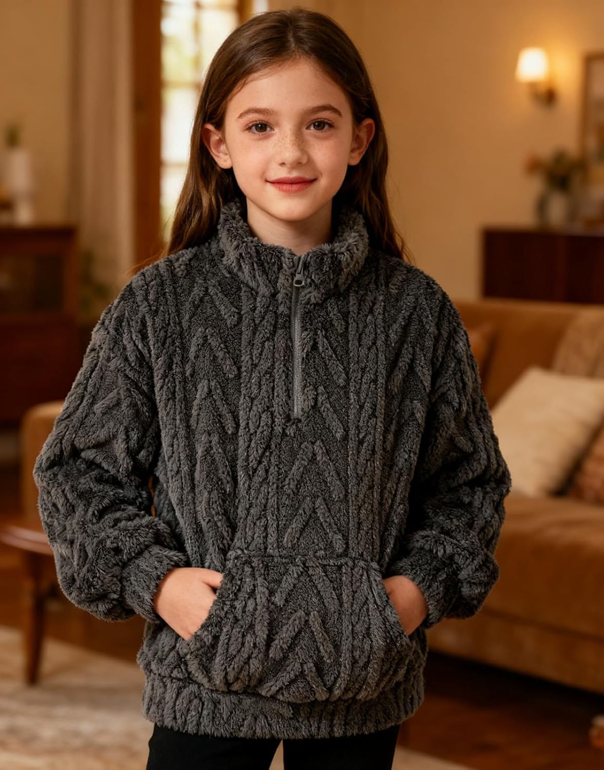 RAISEVERN Girls Sweatshirt Quarter Zipper Warm Sherpa Fleece Jacket Pullover Hoodies with Pockets 6-13 Years - Image 3