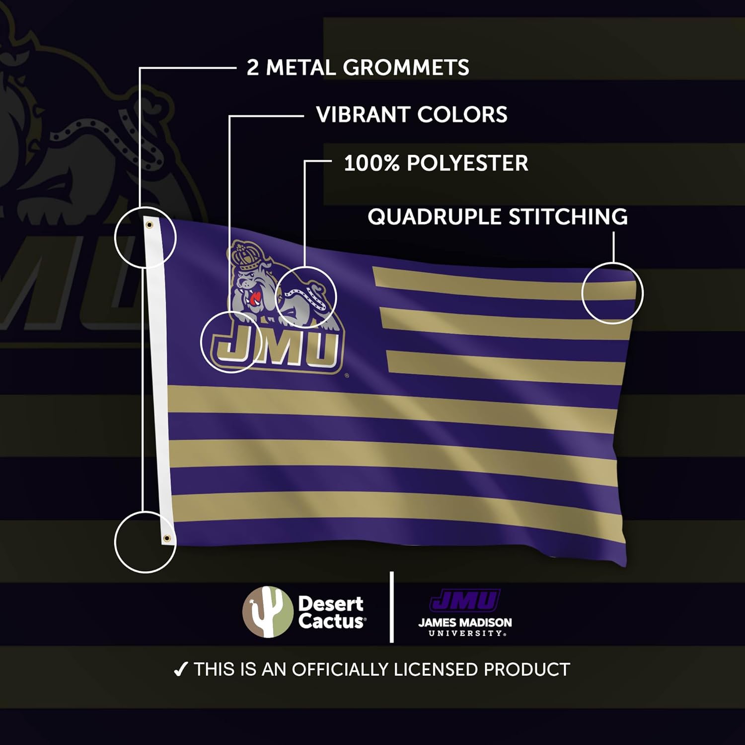 Desert Cactus James Madison University JMU Flag - 3 x 5 Feet Dukes Banner, Indoor/Outdoor Durable Fabric, 100% Polyester Design (Nation) - Image 4