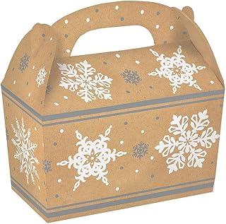 Amscan 5 Count Christmas Snowflakes Kraft Cardboard Gable Boxes, 4-1/2