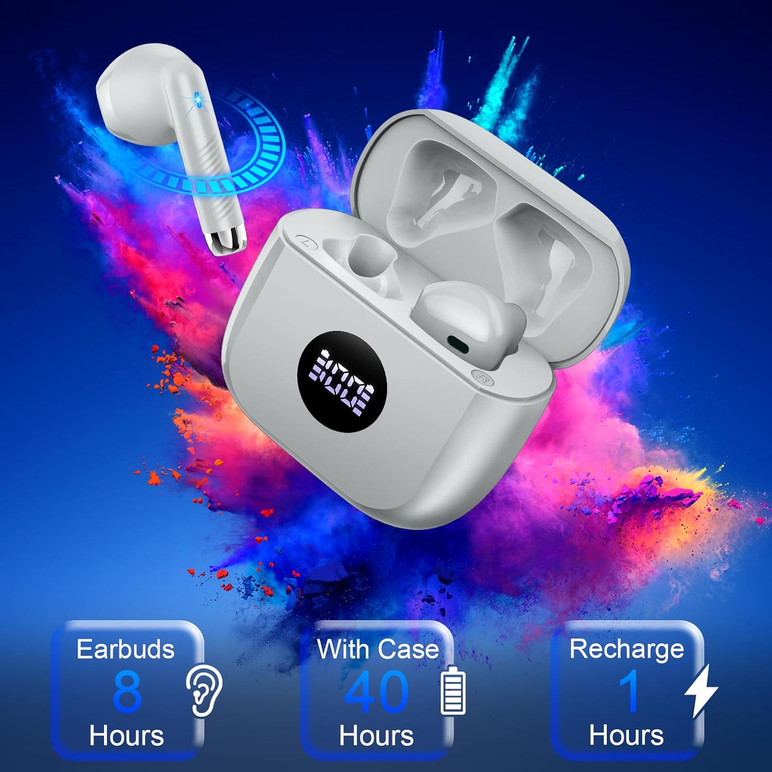 Infographic showing 8 hours earbud playtime, 40 hours with case, and 1 hour recharge time for Jxrev J53 earbuds