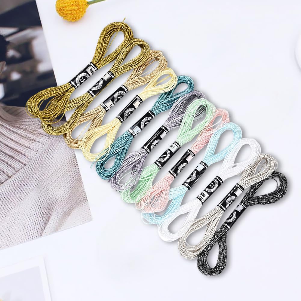 Set 12 Matasse Filo Da Ricamo Metallico Glitter – Oro E Argento – Poliestere Per Punto Croce E Fai Da Te