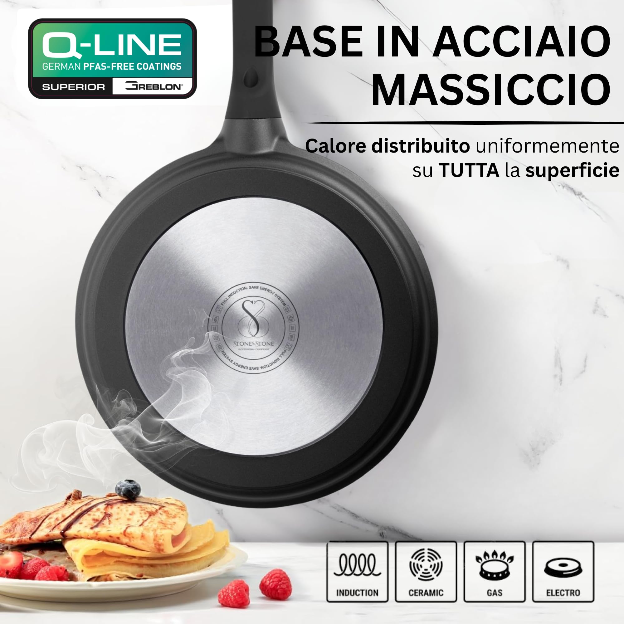 Stone&Stone Padella per Crepes e Pancake 26cm super Antiaderente per Induzione e gas | Crepiera con rivestimento Ceramico Tedesco | Senza PFOA PFAS PTFE | Spatola e Stendi Pastella Inclusi