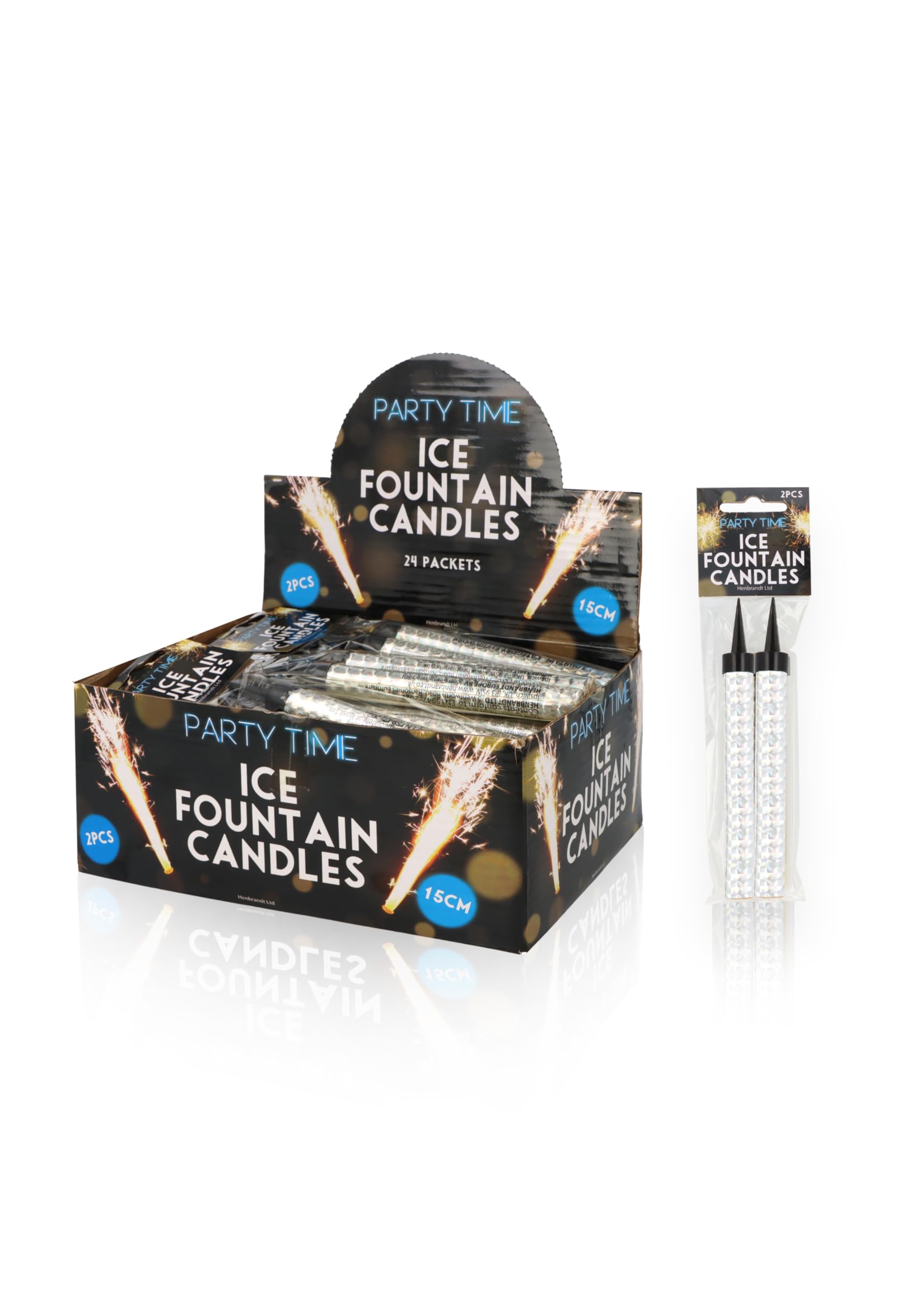 1 Pack of 2 Henbrandt Silver Ice Fountain Party Candle 15cm - Premium Metallic Sparkling Cake Topper for Birthdays Weddings Celebrations Festive Events Indoor Outdoor Use
