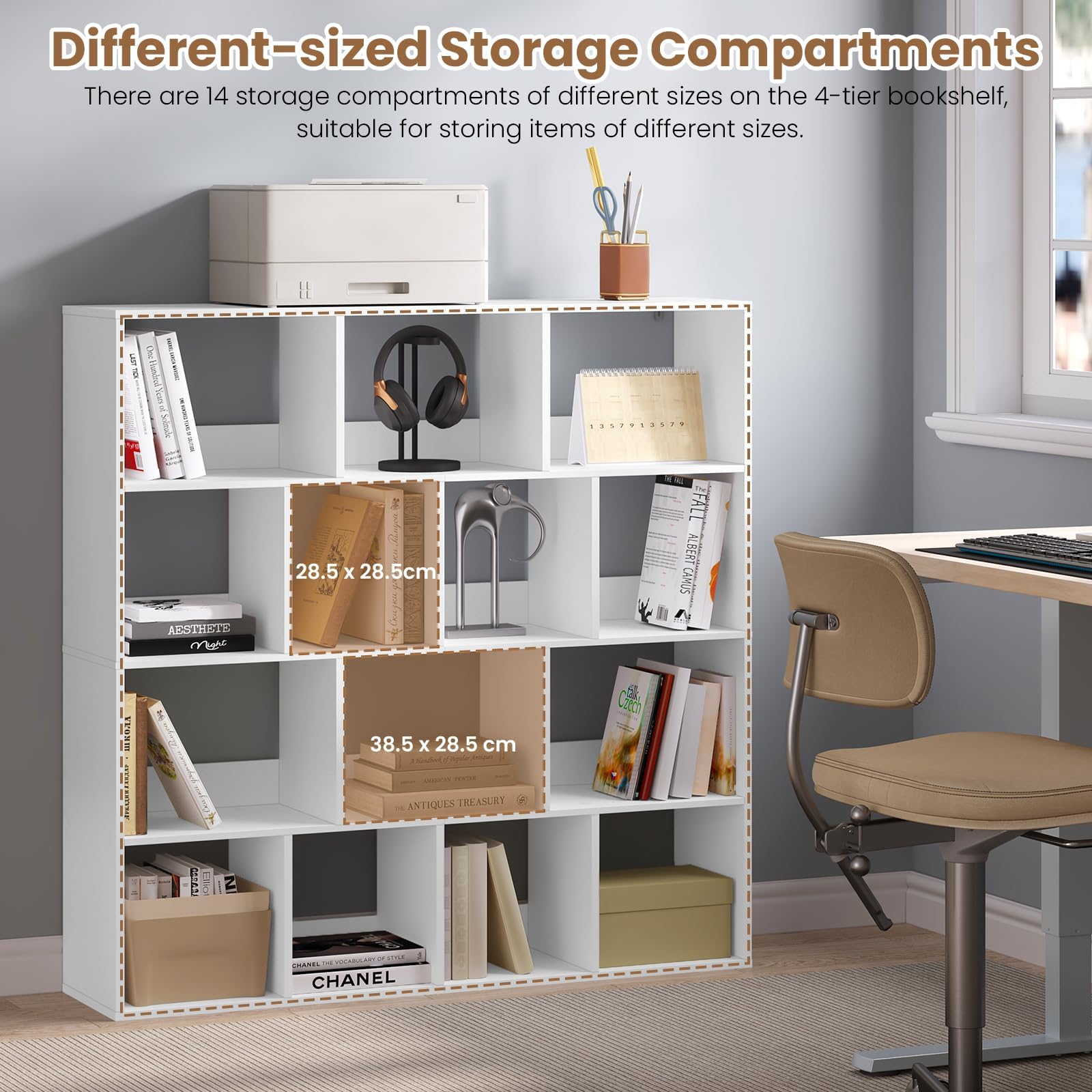 eSituro Estantería para Libros, Librería de Cubo de 14 Compartimentos | Estantería de Almacenamiento, Biblioteca Estantería para Dormitorio, Oficina y Salón, 120x30x120 cm, Blanco